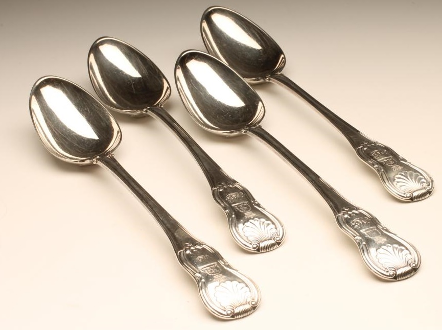A SET OF FOUR LATE GEORGE III SILVER BASTING SPOONS Image