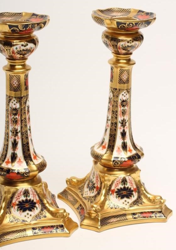 A PAIR OF ROYAL CROWN DERBY CHINA "CASTLEFORD" CANDLESTICKS Image