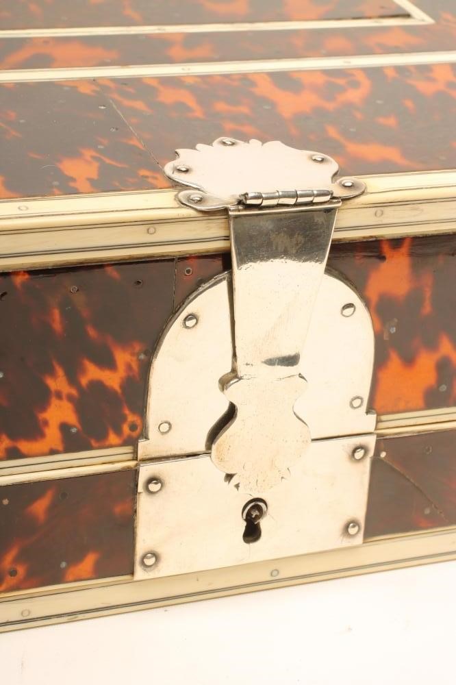 AN INDO-PORTUGUESE TORTOISESHELL AND IVORY VENEERED TRAVELLING BOX Image