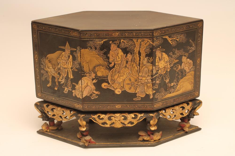 A CHINESE LACQUER TRAVELLING SHRINE of elongated hexagonal form Image