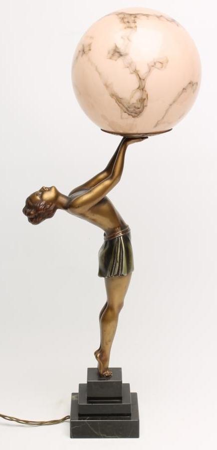 AN ART DECO BRONZED SPELTER FIGURAL LAMP BASE modelled as a young woman Image