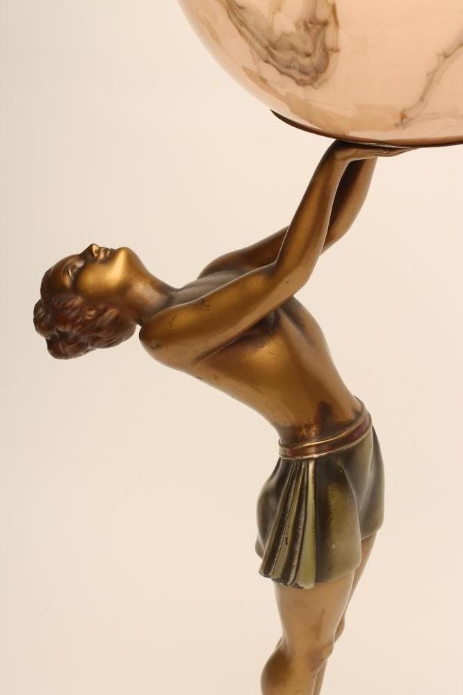 AN ART DECO BRONZED SPELTER FIGURAL LAMP BASE modelled as a young woman Image