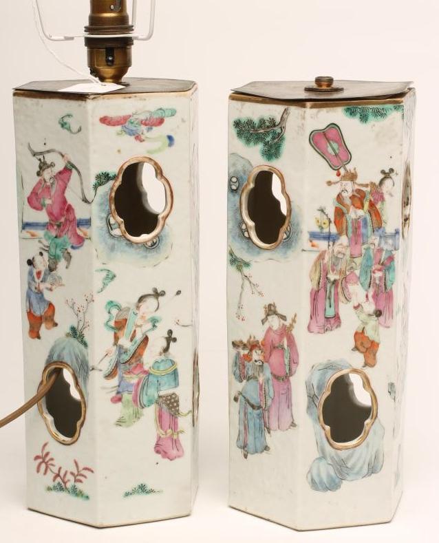 A PAIR OF CHINESE PORCELAIN WIG STANDS of hexagonal form Image