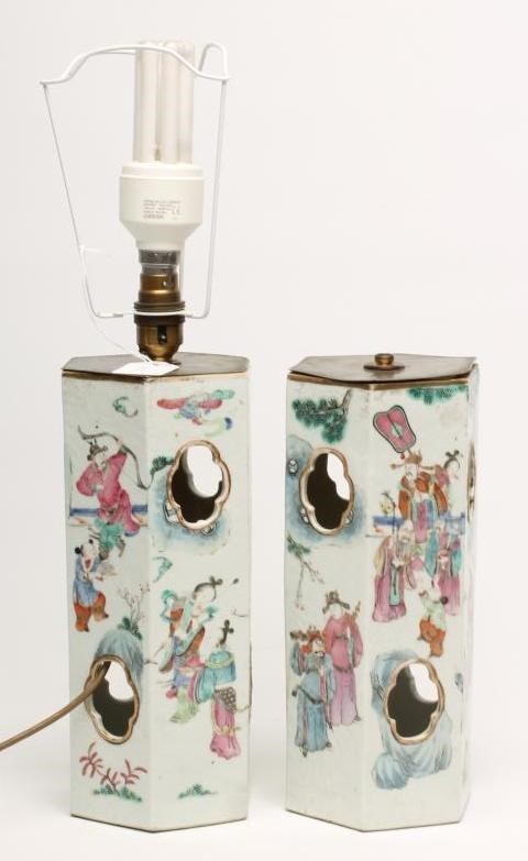 A PAIR OF CHINESE PORCELAIN WIG STANDS of hexagonal form Image