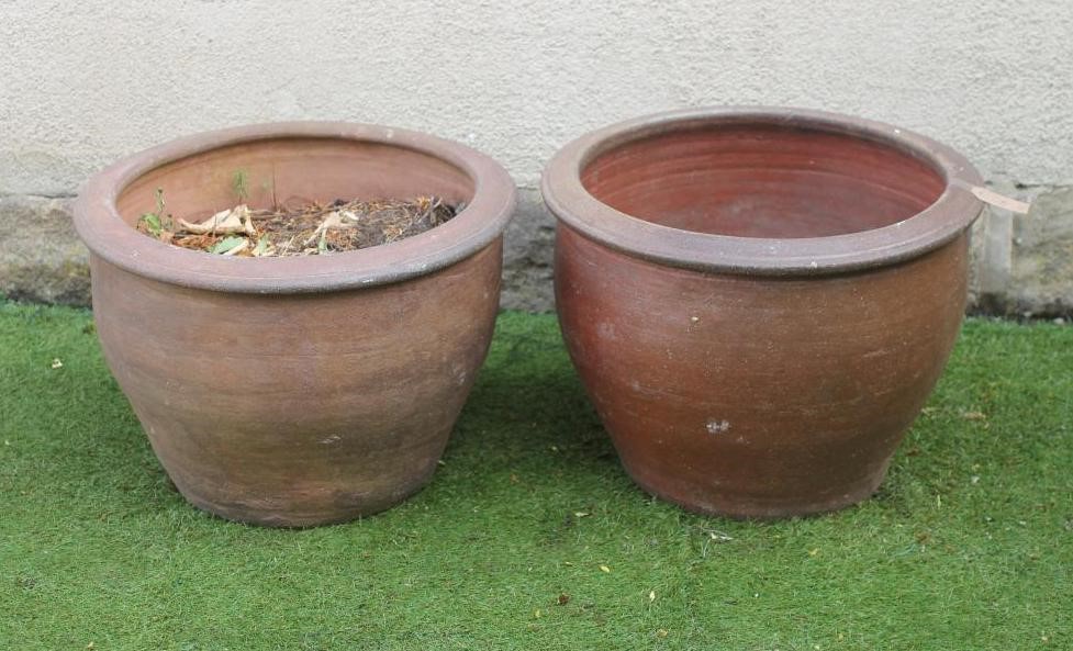 A TERRACOTTA FLOWERPOT of circular tapering form with moulded banding and fruiting vines in relief Image