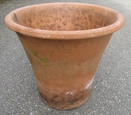 A TERRACOTTA FLOWERPOT of circular tapering form with moulded banding and fruiting vines in relief Image