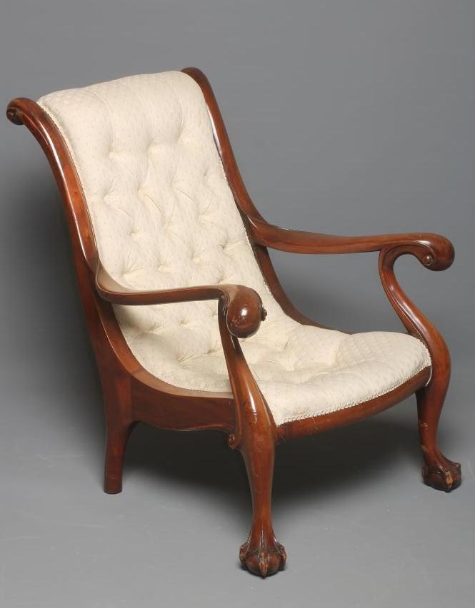 A VICTORIAN MAHOGANY SHOW-WOOD FRAMED ARMCHAIR Image