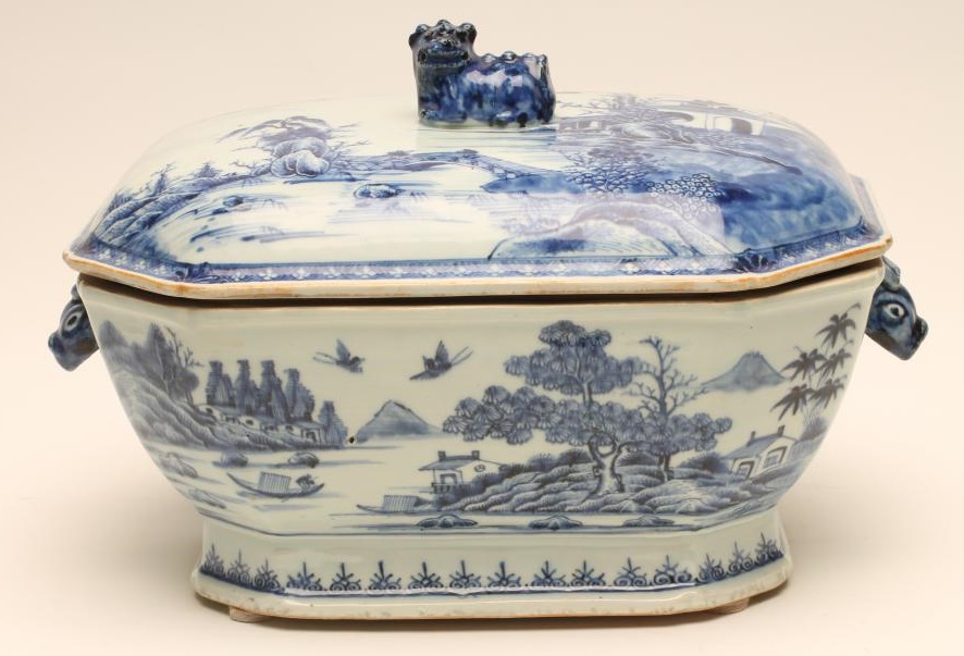 A CHINESE EXPORT PORCELAIN TUREEN AND COVER of canted oblong form with recumbent dog of fo knop and Image