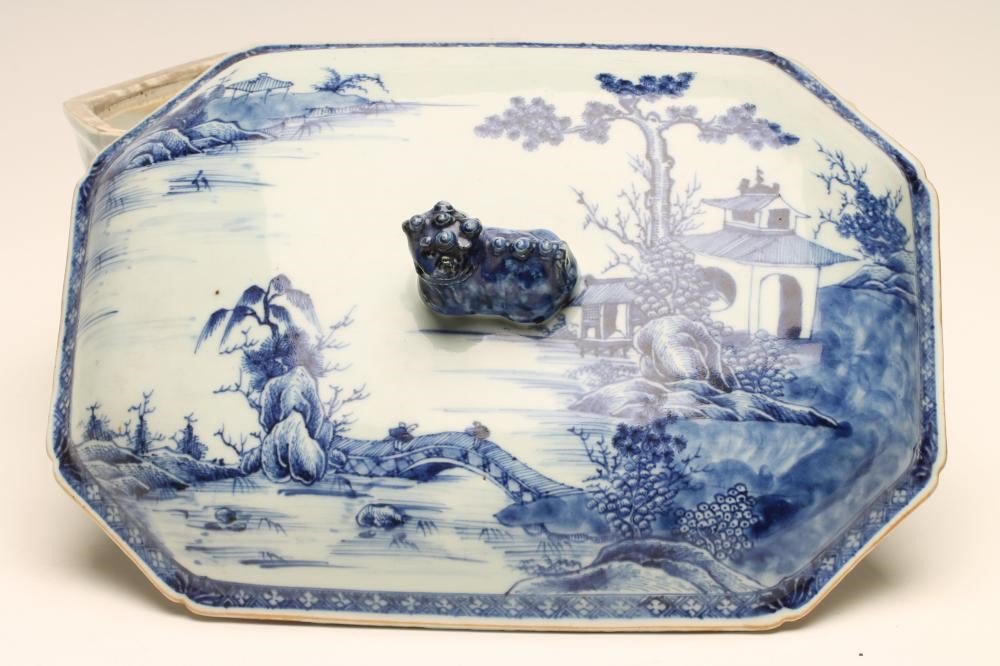 A CHINESE EXPORT PORCELAIN TUREEN AND COVER of canted oblong form with recumbent dog of fo knop and Image