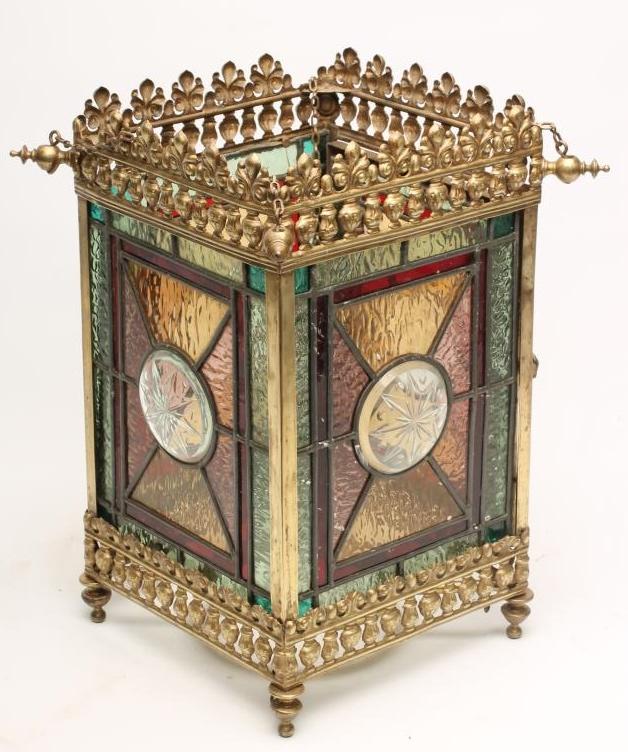 A LATE VICTORIAN GILDED BRASS AND GLASS HALL LANTERN of square form Image