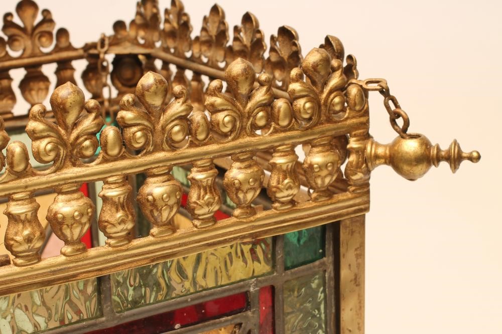 A LATE VICTORIAN GILDED BRASS AND GLASS HALL LANTERN of square form Image
