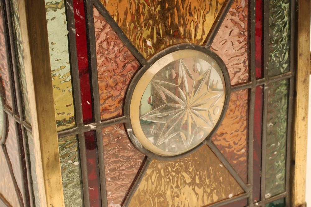 A LATE VICTORIAN GILDED BRASS AND GLASS HALL LANTERN of square form Image