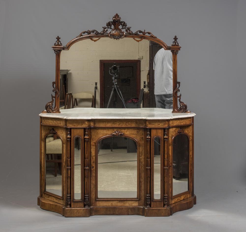 A VICTORIAN WALNUT AND MARQUETRY CREDENZA of serpentine outline with veined white marble top Image