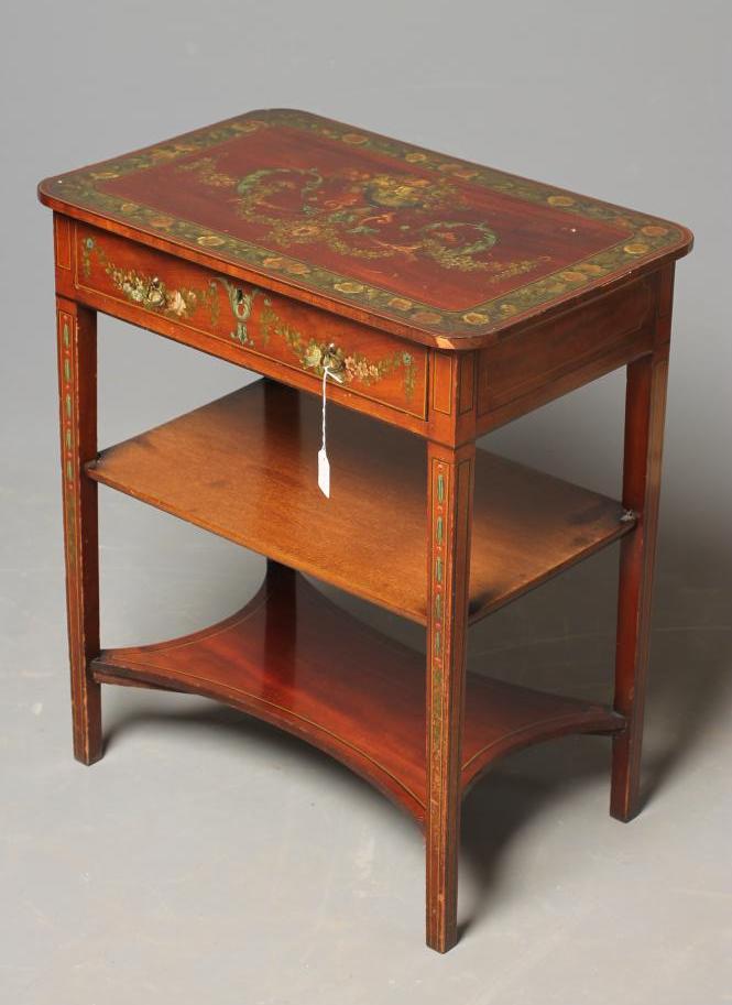AN EDWARDIAN PAINTED MAHOGANY SIDE TABLE of rounded oblong form with stringing Image