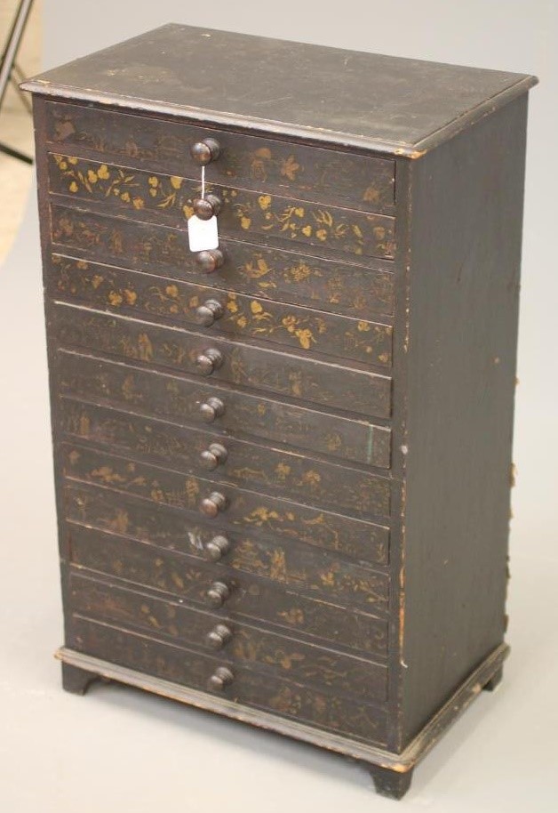 A LATE VICTORIAN EBONISED PINE SPECIMEN CHEST of oblong form gilded with chinoiserie flowers and Image