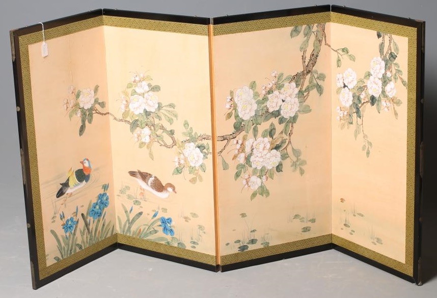 A CHINESE EBONISED FOUR FOLD SCREEN Image