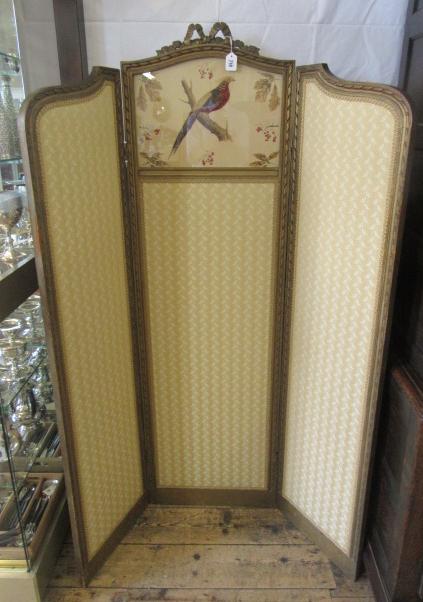 A VICTORIAN GILT WOOD FOLDING ROOM SCREEN with embroidered bird panel Image