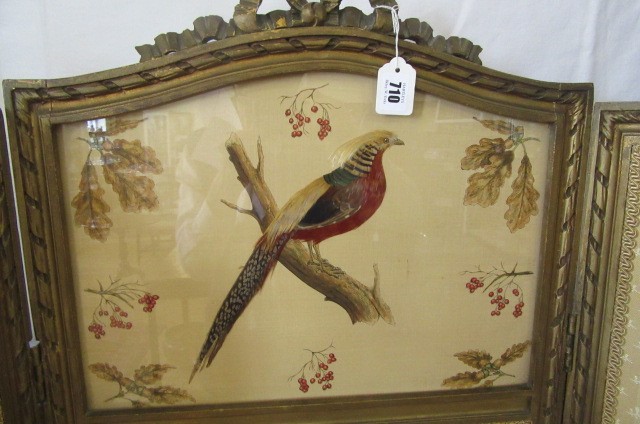 A VICTORIAN GILT WOOD FOLDING ROOM SCREEN with embroidered bird panel Image