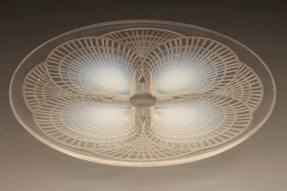 A LALIQUE PALE BLUE OPALESCENT GLASS DISH in Coquilles pattern Image