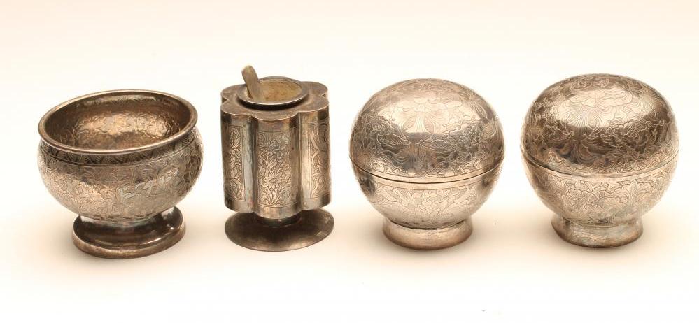 A CHINESE FOUR PIECE CRUET of spherical form on low cylindrical feet Image