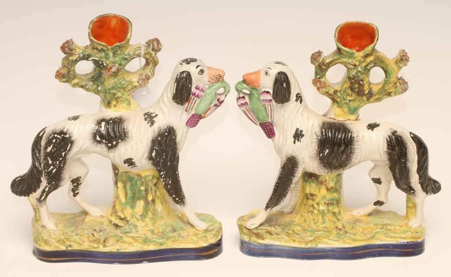 A PAIR OF VICTORIAN STAFFORDSHIRE POTTERY SPILL VASES Image