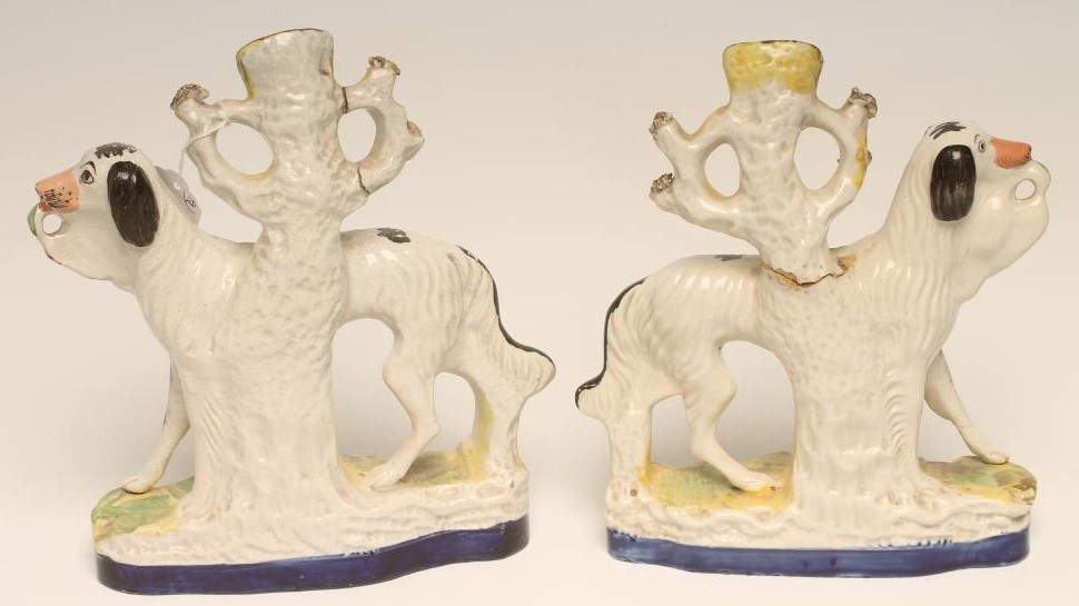 A PAIR OF VICTORIAN STAFFORDSHIRE POTTERY SPILL VASES Image