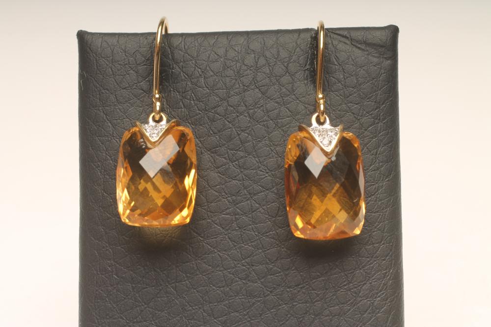 A PAIR OF CITRINE AND DIAMOND DROP EARRINGS Image