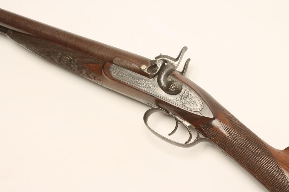 A PERCUSSION DOUBLE BARRELLED SPORTING SHOTGUN Image