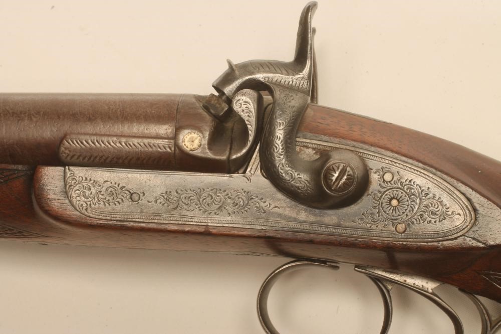 A PERCUSSION DOUBLE BARRELLED SPORTING SHOTGUN Image