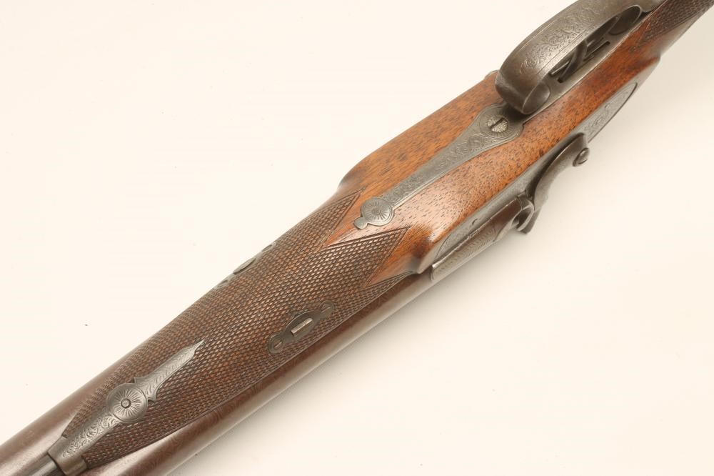 A PERCUSSION DOUBLE BARRELLED SPORTING SHOTGUN Image