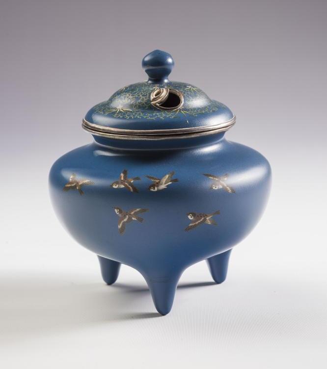 A JAPANESE CLOISONNE ENAMEL CENSOR AND COVER of baluster form raised upon three peg feet Image