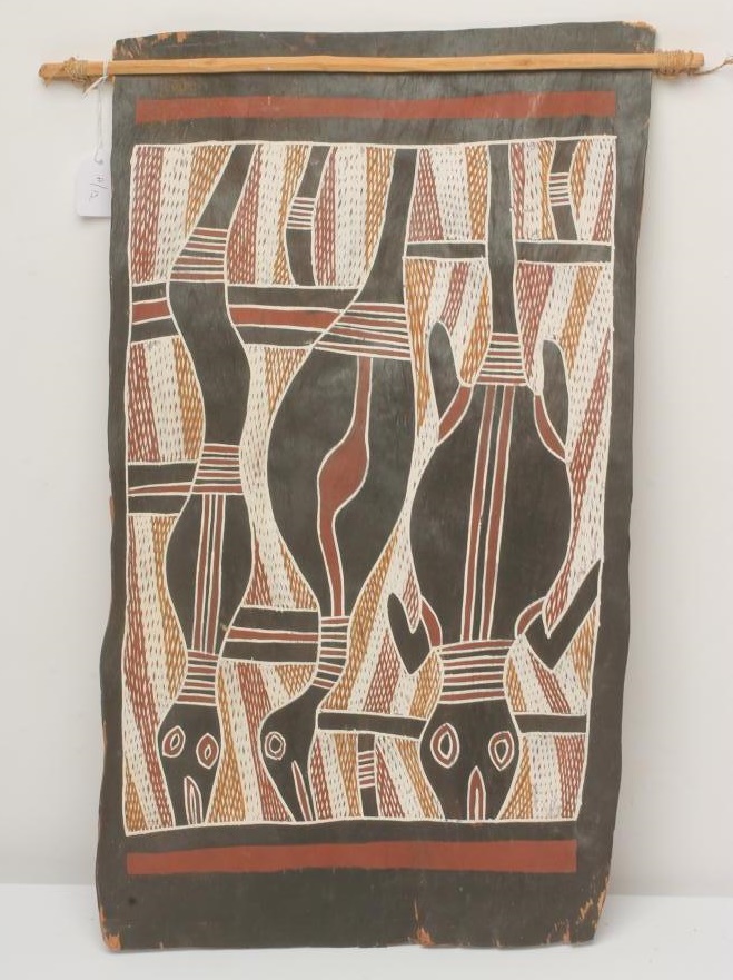 AN ABORIGINAL BARK PICTURE using natural pigments depicting creatures of Dreamtime Image