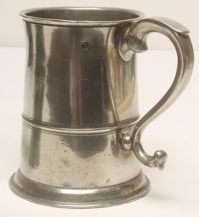 A PEWTER QUART TAVERN MUG by the Edinburgh maker James Mayes together with a pewter half pint Image