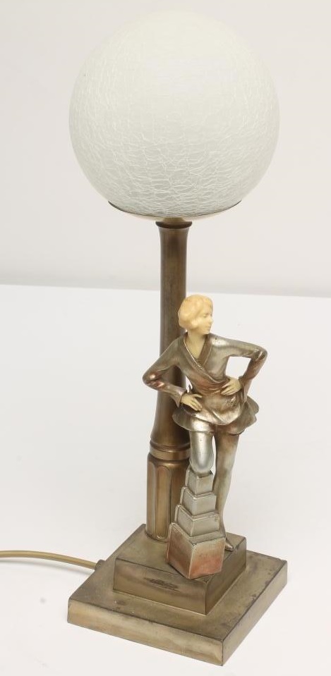 AN ART DECO SILVERED SPELTER FIGURAL TABLE LAMP BASE Image