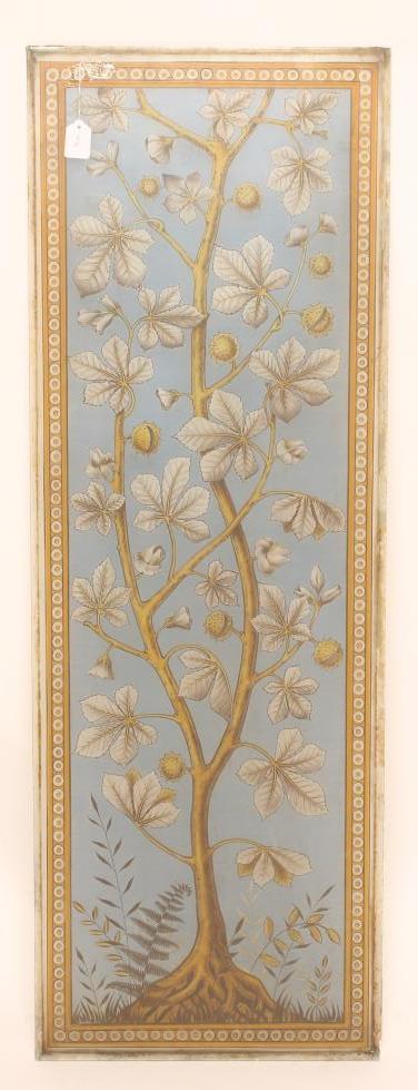 AN AESTHETIC STAINED GLASS PANEL depicting a fruiting chestnut on a pale blue ground with yellow Image