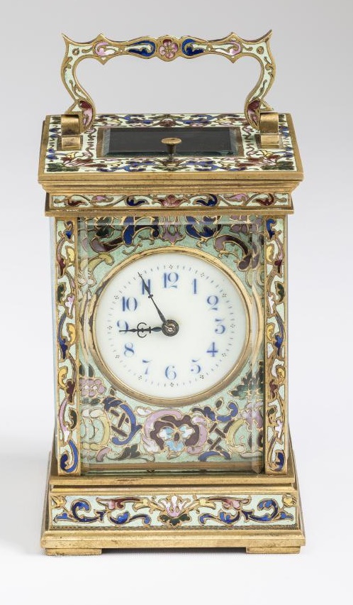A FRENCH BRASS AND CHAMPLEVE ENAMEL CARRIAGE CLOCK Image
