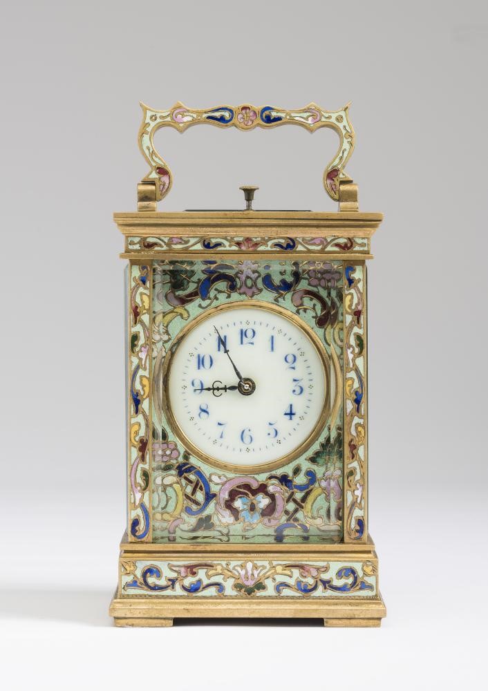 A FRENCH BRASS AND CHAMPLEVE ENAMEL CARRIAGE CLOCK Image