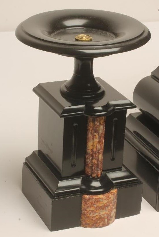 A FRENCH BLACK SLATE AND ROUGE MARBLE CLOCK GARNITURE by Samuel Marti Image