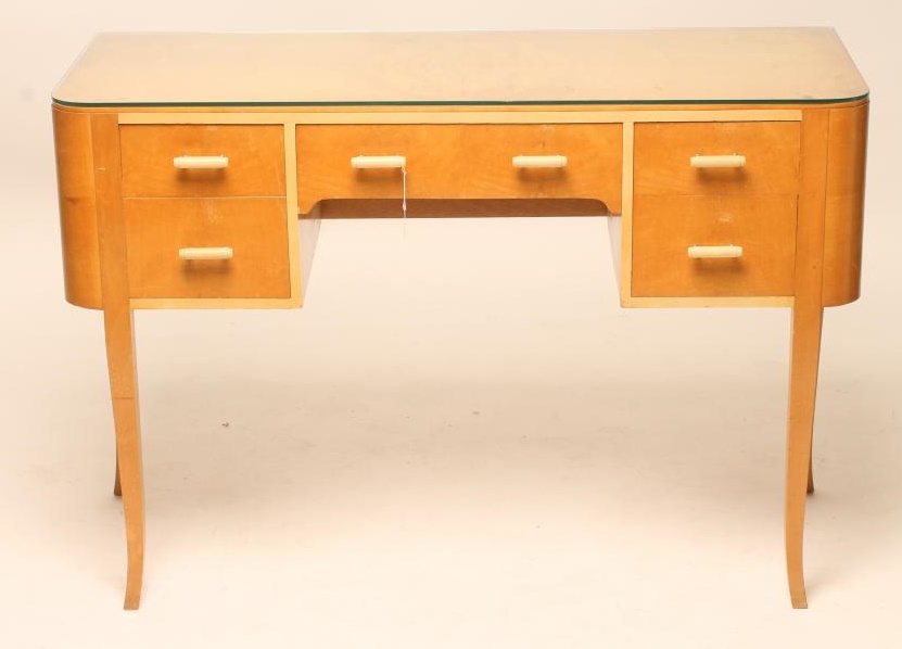 AN ART DECO SATIN BIRCH AND PAINTED SIDE TABLE of rounded oblong kneehole form Image