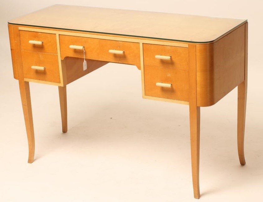 AN ART DECO SATIN BIRCH AND PAINTED SIDE TABLE of rounded oblong kneehole form Image