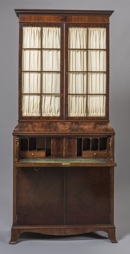 A MAHOGANY AND CHEQUER STRUNG SECRETAIRE BOOKCASE Image