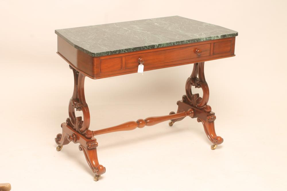 A VICTORIAN MAHOGANY SIDE TABLE of shaped oblong form with green marble top Image
