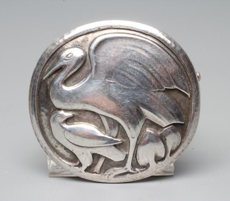 A GEORG JENSEN SILVER CIRCULAR BOSS BROOCH designed by Hugo Lisberg, chased with a stork, stamped Image