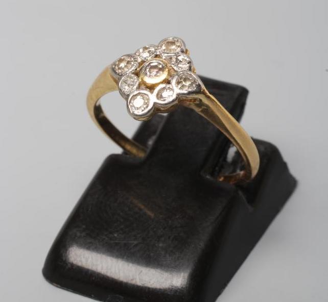 AN ART DECO DIAMOND CLUSTER, the nine small stones collet set in a lozenge panel to a plain shank, Image