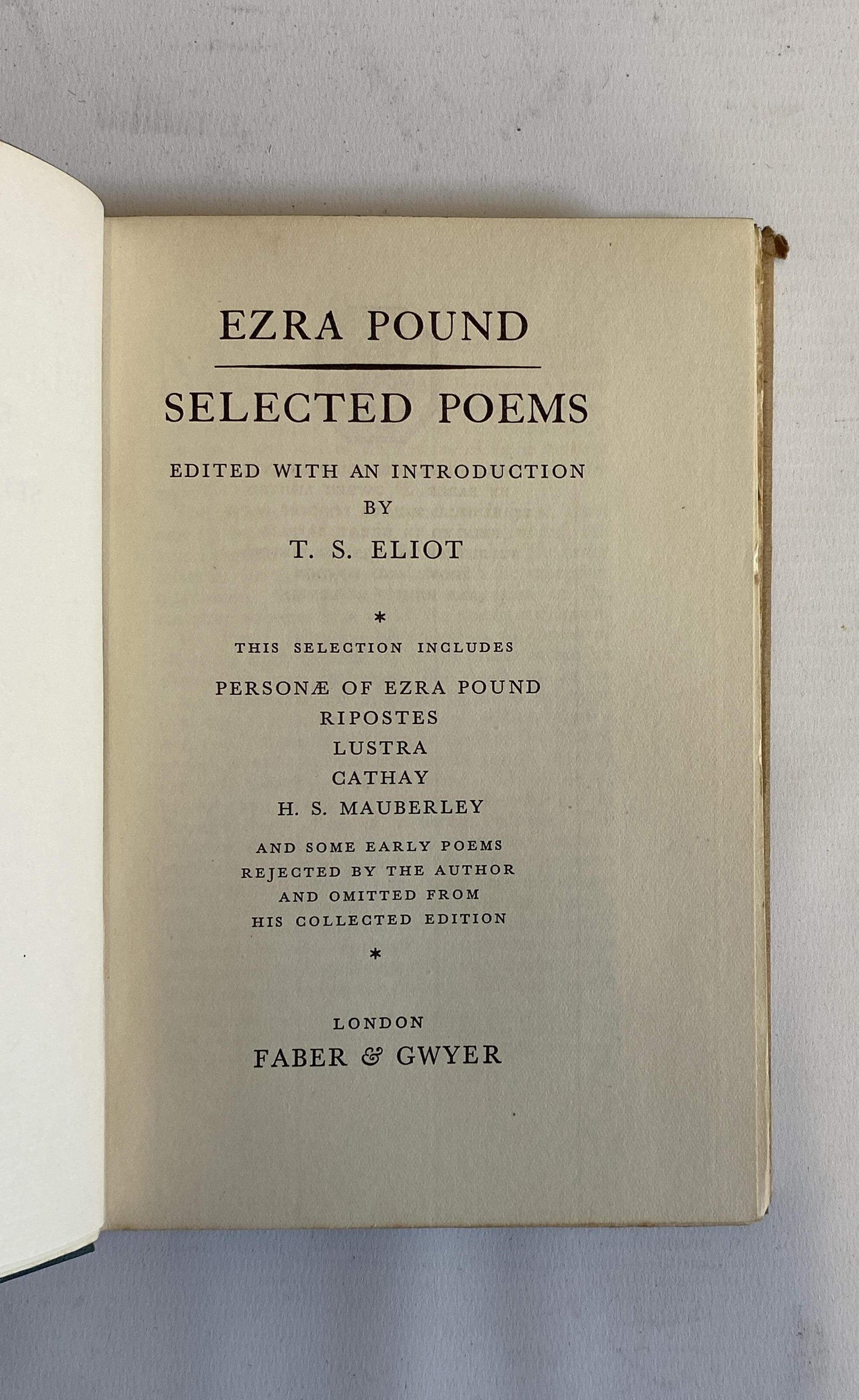 EZRA POUND, SELECTED POEMS, edited by T S Eliot, 1928, Faber and Gwyer, Very good in a fair, torn Image