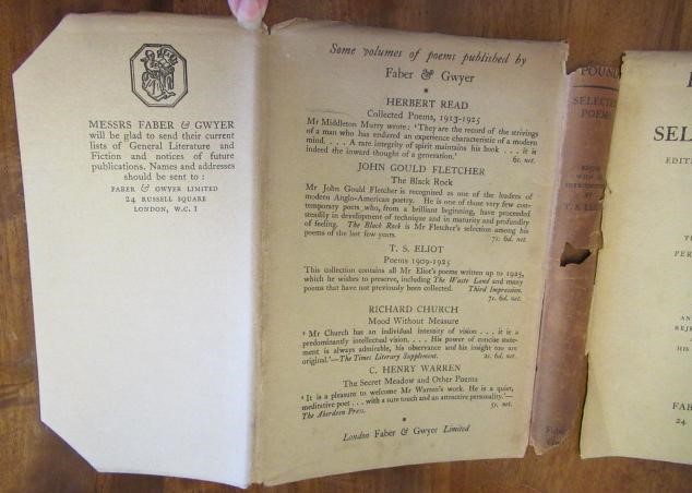 EZRA POUND, SELECTED POEMS, edited by T S Eliot, 1928, Faber and Gwyer, Very good in a fair, torn Image