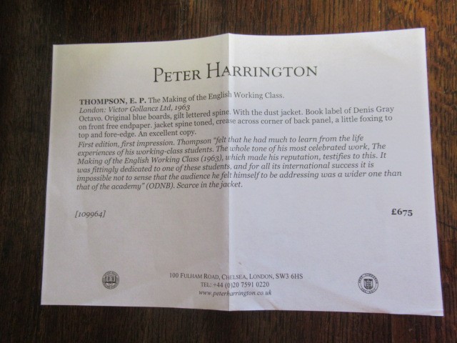 THE MAKING OF THE ENGLISH WORKING CLASS, E P Thompson, 1963, Victor Gollancz, 1st edition, a fine Image