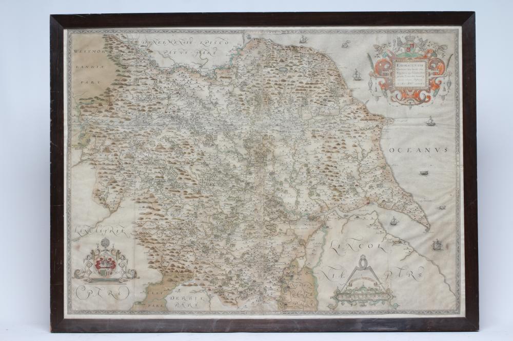CHRISTOPHER SAXTON (1540-1610) "EBORACENSIS", hand coloured engraved map with decorative cartouches Image
