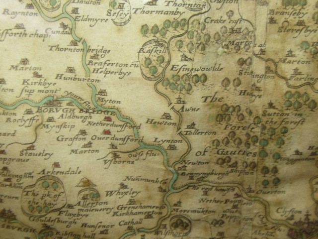 CHRISTOPHER SAXTON (1540-1610) "EBORACENSIS", hand coloured engraved map with decorative cartouches Image