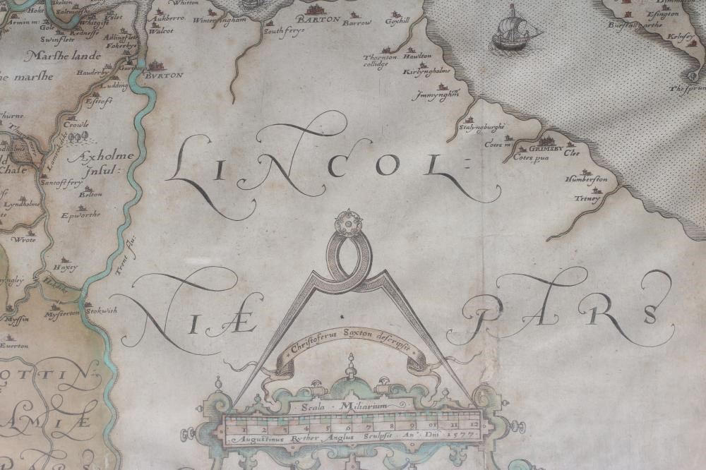 CHRISTOPHER SAXTON (1540-1610) "EBORACENSIS", hand coloured engraved map with decorative cartouches Image